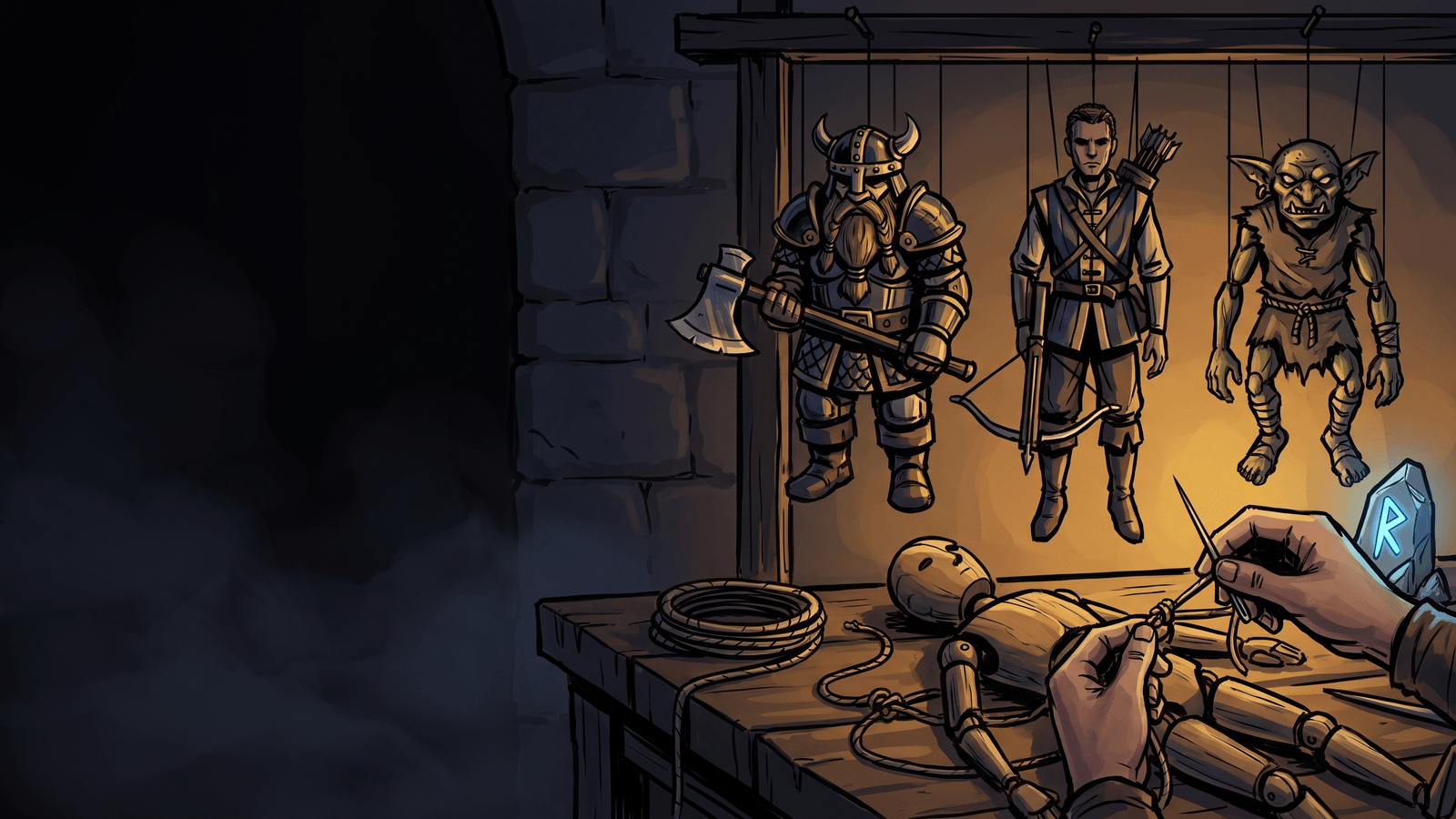 A puppet-maker's workshop: finished marionettes of a dwarf, a crossbowman and a goblin hanging strung from a beam, and on the bench below one more figure carved but not yet strung, its shoulder and knee joints open, a hand reaching in with a needle