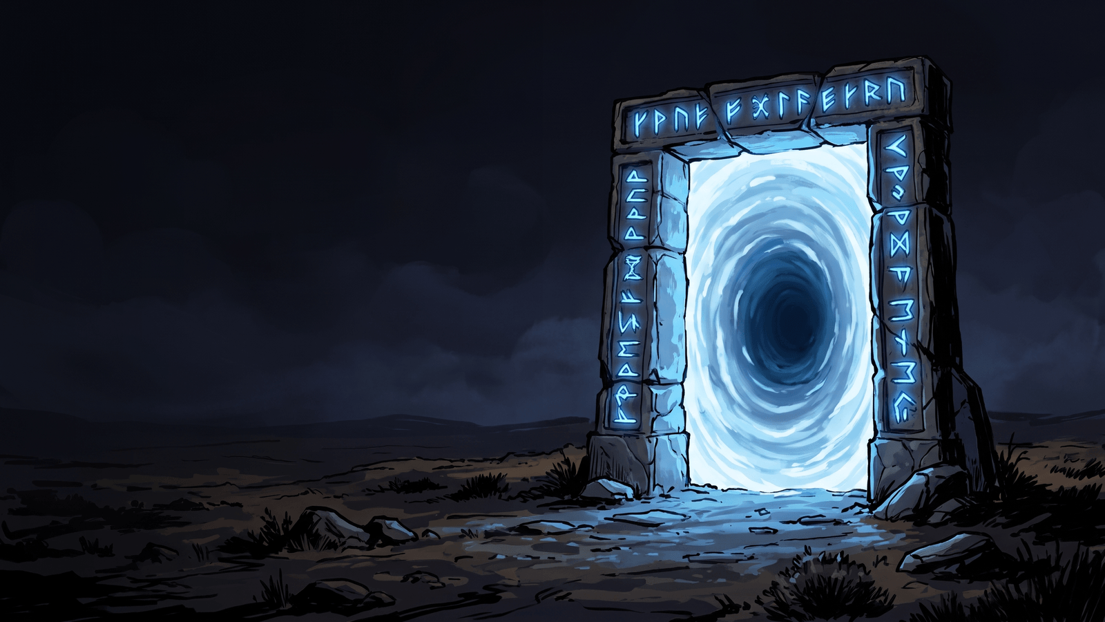 A rune-carved stone archway on dark moorland at night, its opening filled with a turning disc of blue-white light that spirals into a dark centre, the runes in its jambs burning the same blue