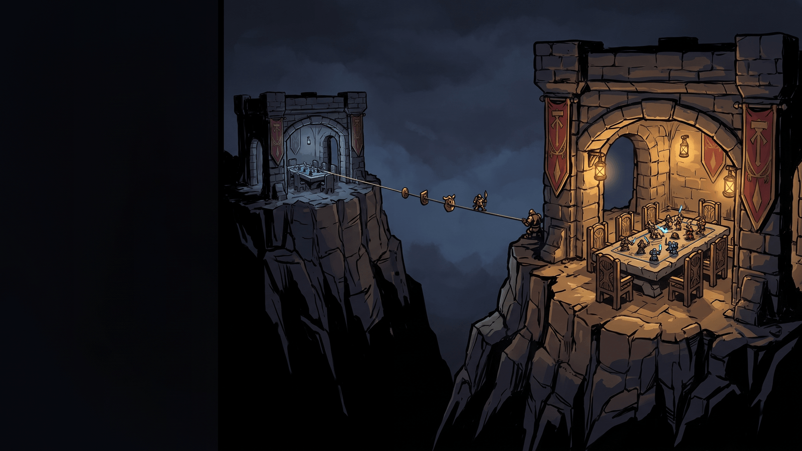 An eight-slot multiplayer lobby with player names, faction crests and team groupings, over a map preview