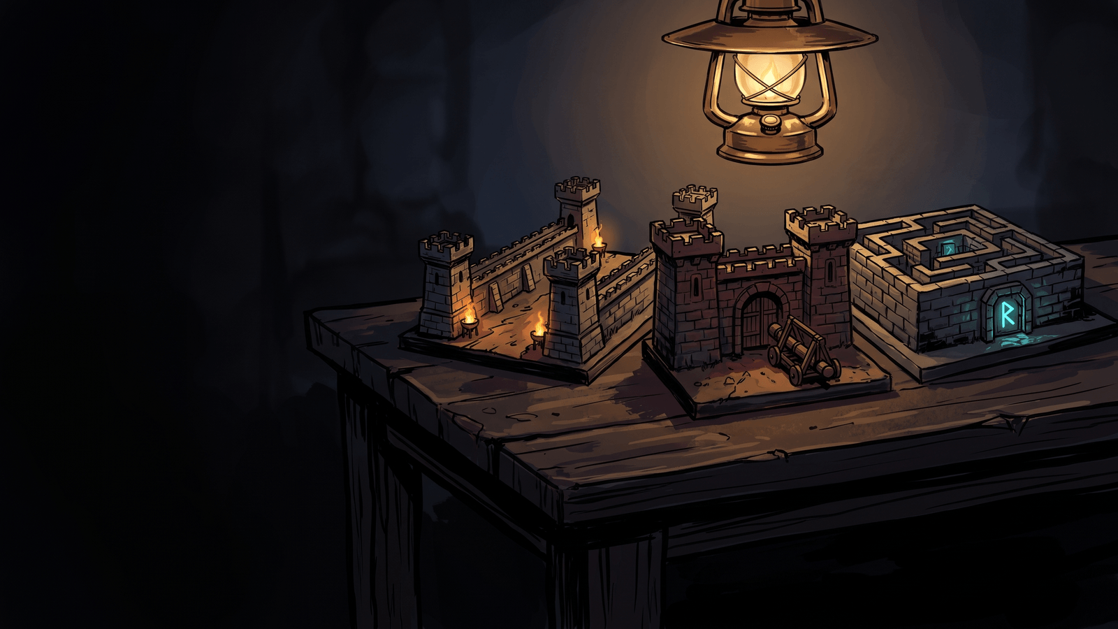 A dwarven war table at night under a brass lantern, with three small dioramas on it: a walled lane lined with towers, a fortress gate with a battering ram against it, and a stone maze with a glowing rune-blue vault door