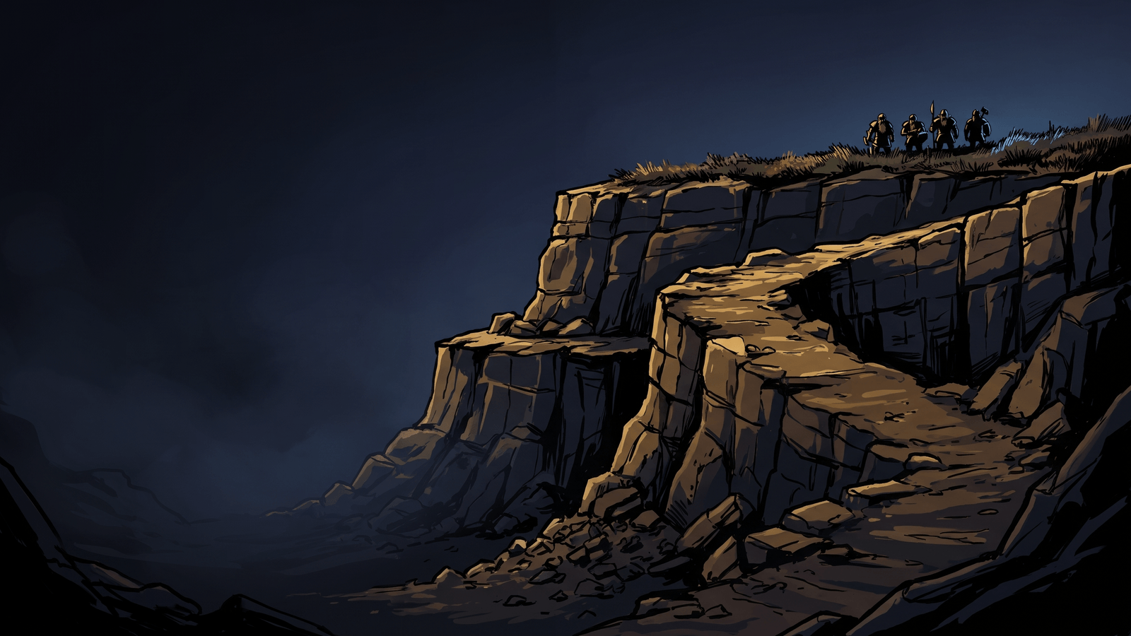 A terraced map at low camera angle: an army on a raised plateau above a cliff face, with a carved ramp leading up from the ground below
