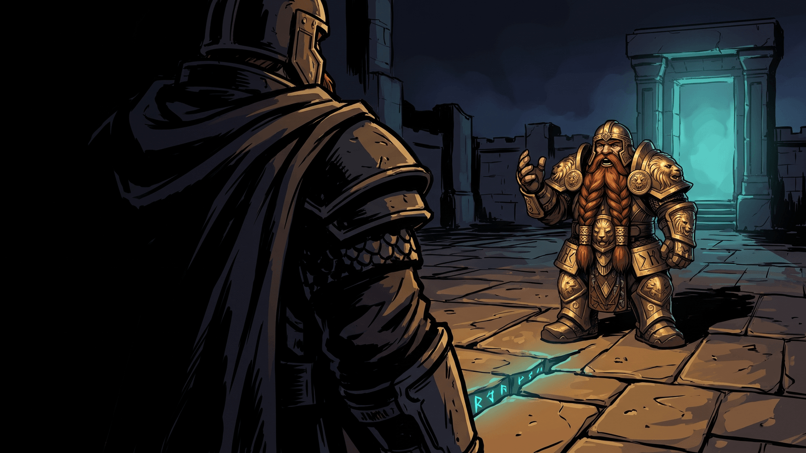 A red-bearded dwarf in gold armour speaking with one hand raised in a moonlit stone courtyard, seen over the dark armoured shoulder of the figure he is talking to, with a waygate glowing teal behind him