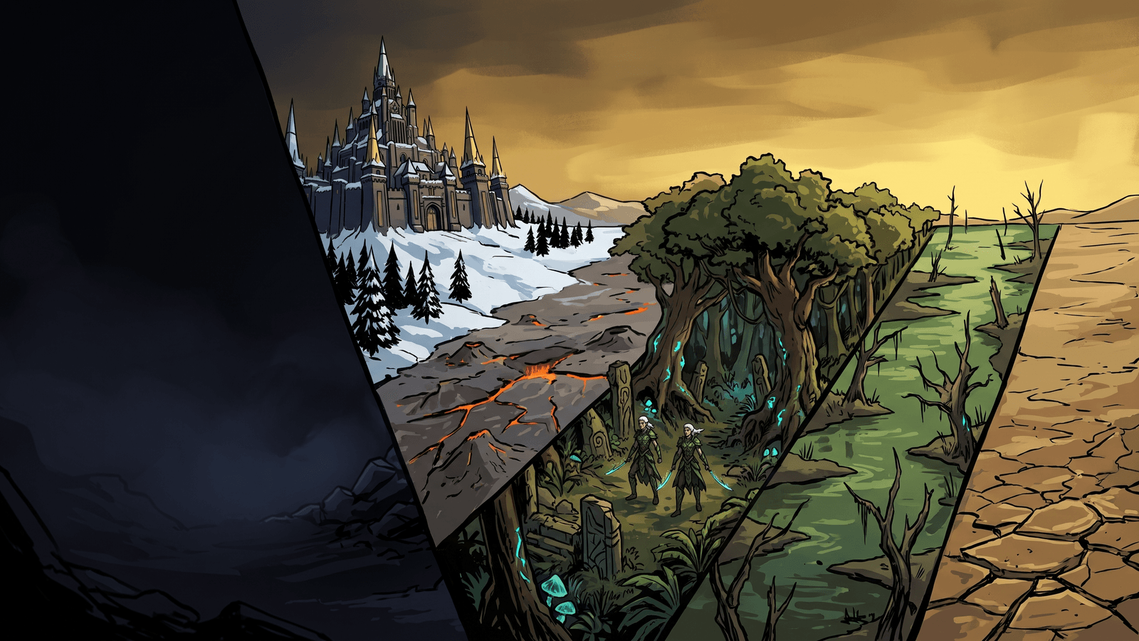 Four map corners side by side showing the same terrain in winter, swamp, wasteland and jungle, each with its own ground, rock shape and sky
