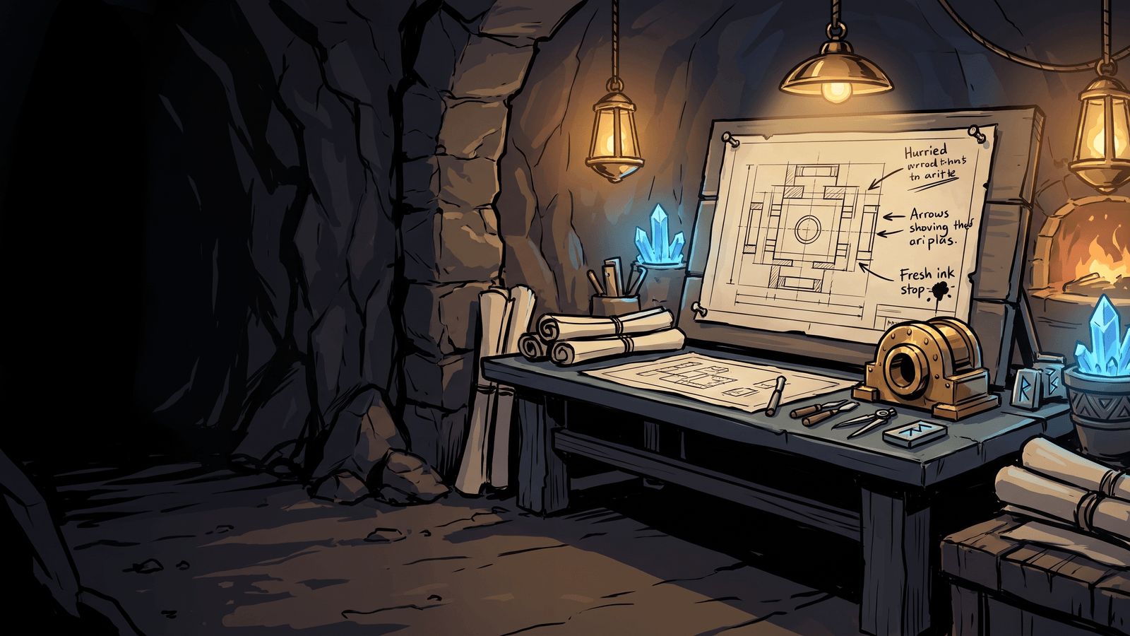 A long plan document open on screen beside a running game build, with the code never opened