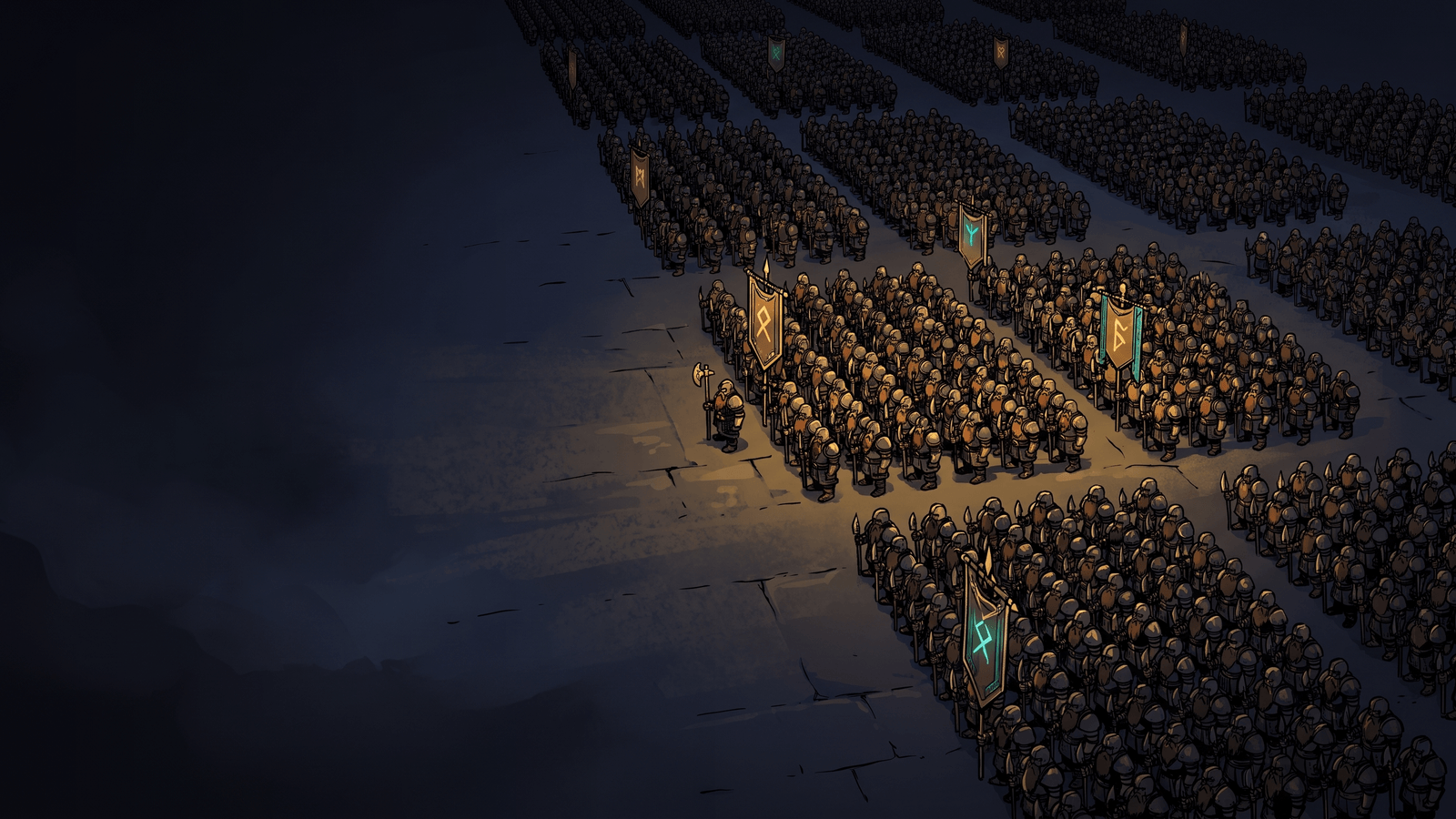 An eight player battle seen at maximum zoom out, with several hundred small unit models spread across the map