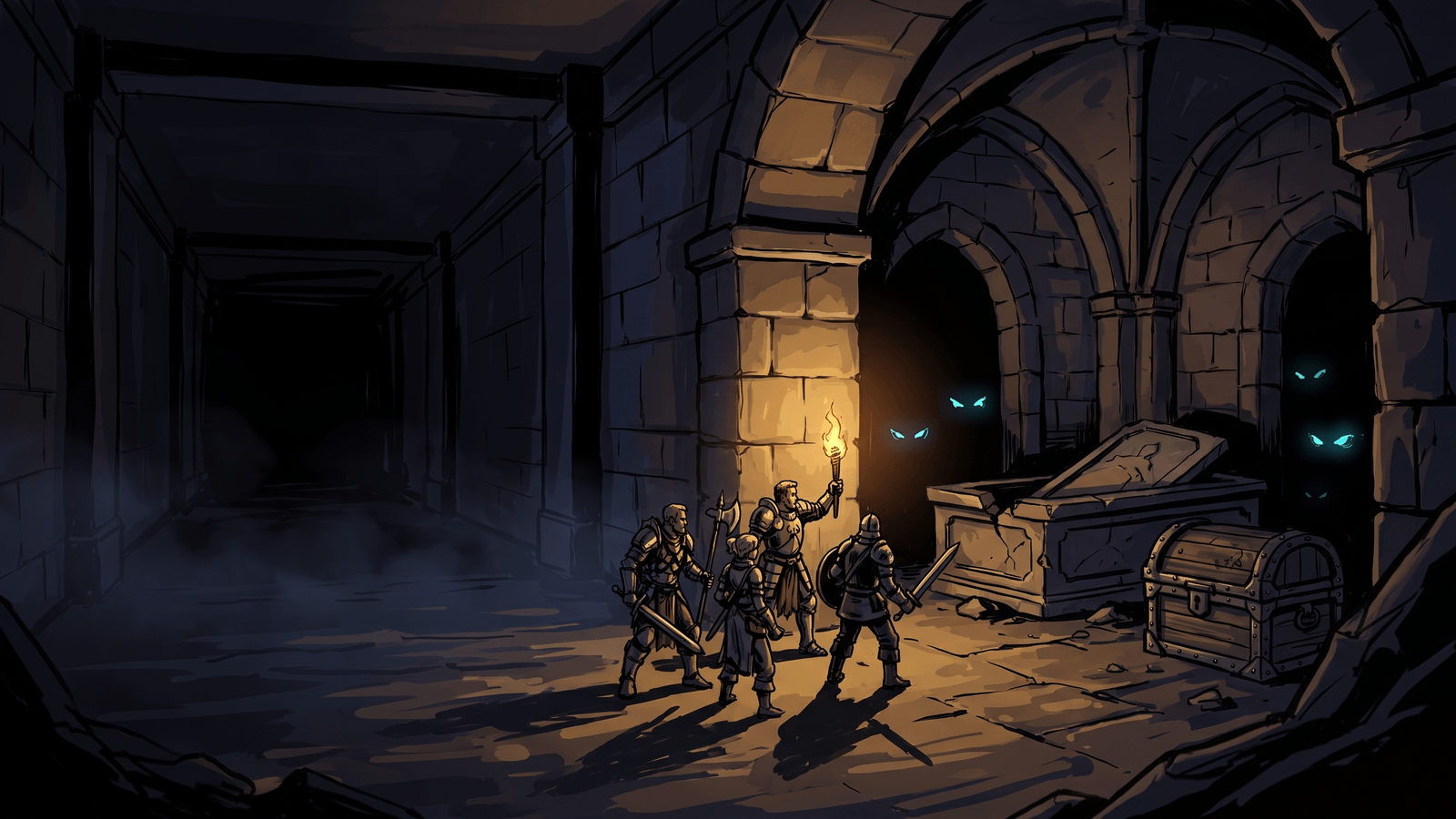 Third-person view of a hero in a torchlit stone corridor, a closed wooden door ahead and darkness beyond it