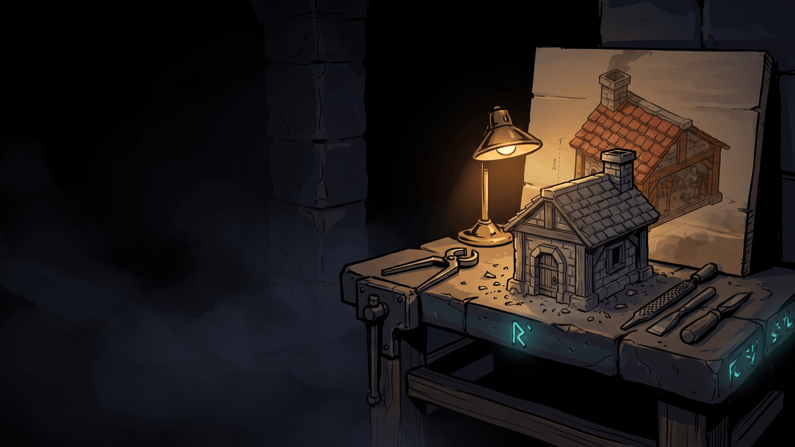 A rune-lit dwarven workbench under a lamp: a flat painted panel of a barracks propped at the back, and in front of it the same building carved as a solid stone model with a tiled roof and chimney, chisels and files laid out beside it