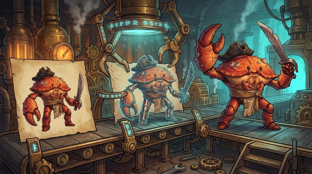 An automated steam-and-sorcery factory conveyor belt showing the Shellback Cutthroat crab pirate progression: a flat 2D parchment concept on the left, turning into a wireframe-and-bone 3D sculpt under a runic scanner, and stepping off the line on the right fully animated with cutlass and crushing claw