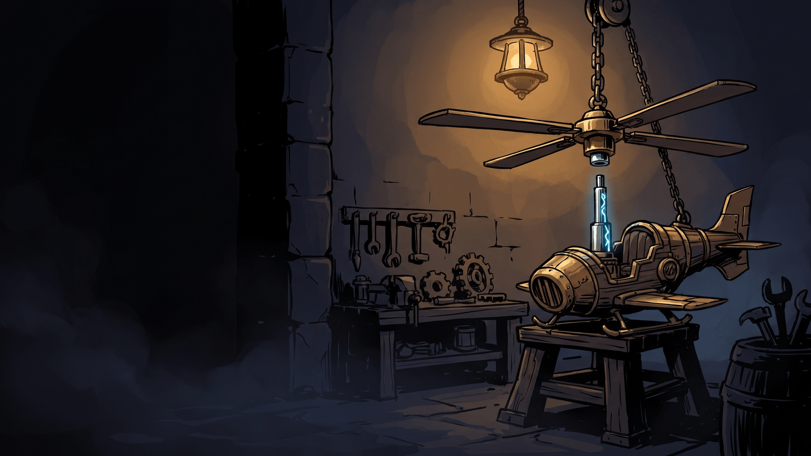 A barrel-bodied dwarven gyrocopter on a workshop stand at night with its four-bladed rotor hoisted clear of the mast on a chain, the bare shaft glowing rune-blue under a hanging lamp