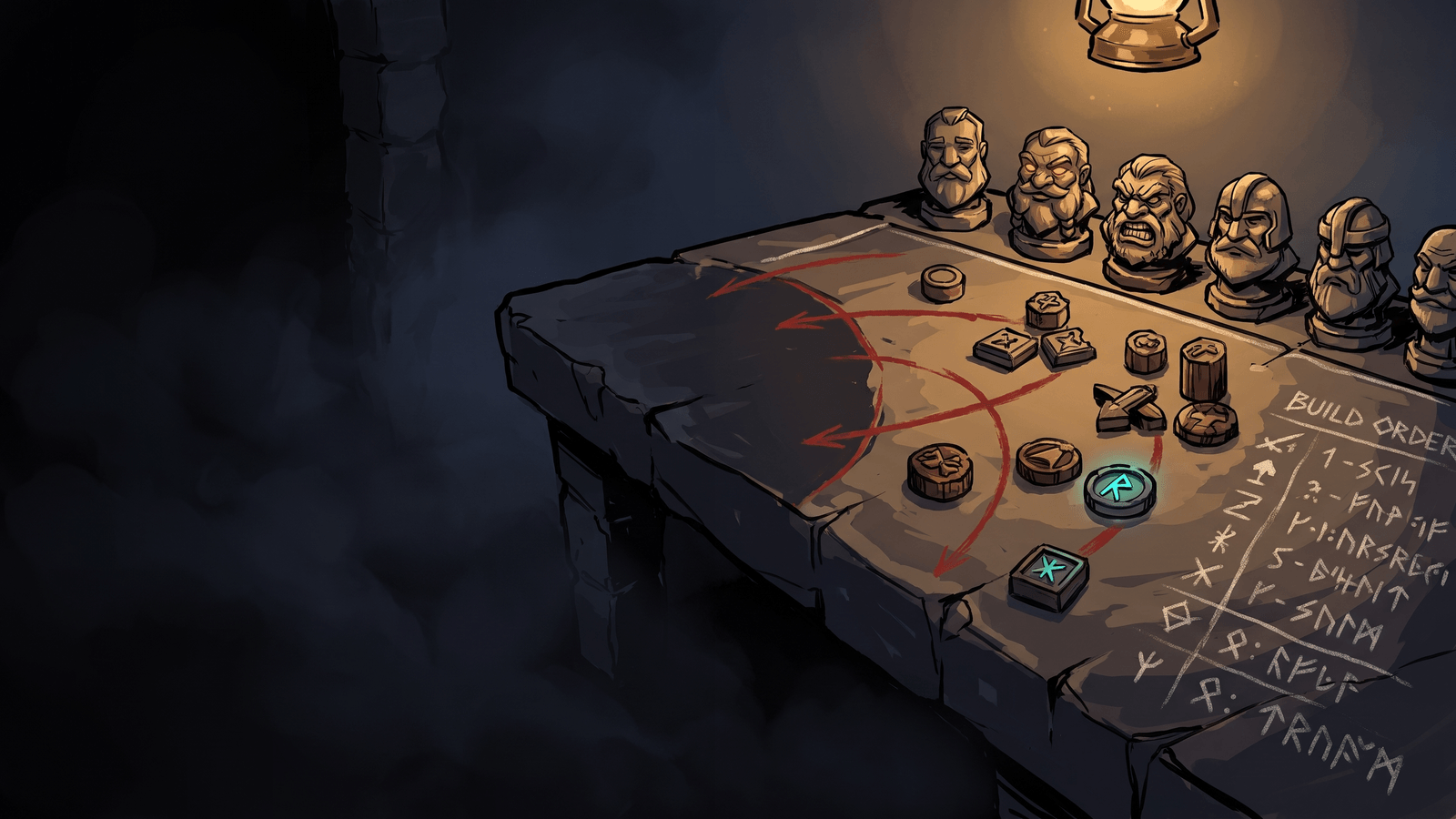 An AI-controlled goblin base mid-game with a walled arc, towers behind it, and a scouting warg rider heading off toward the fog line