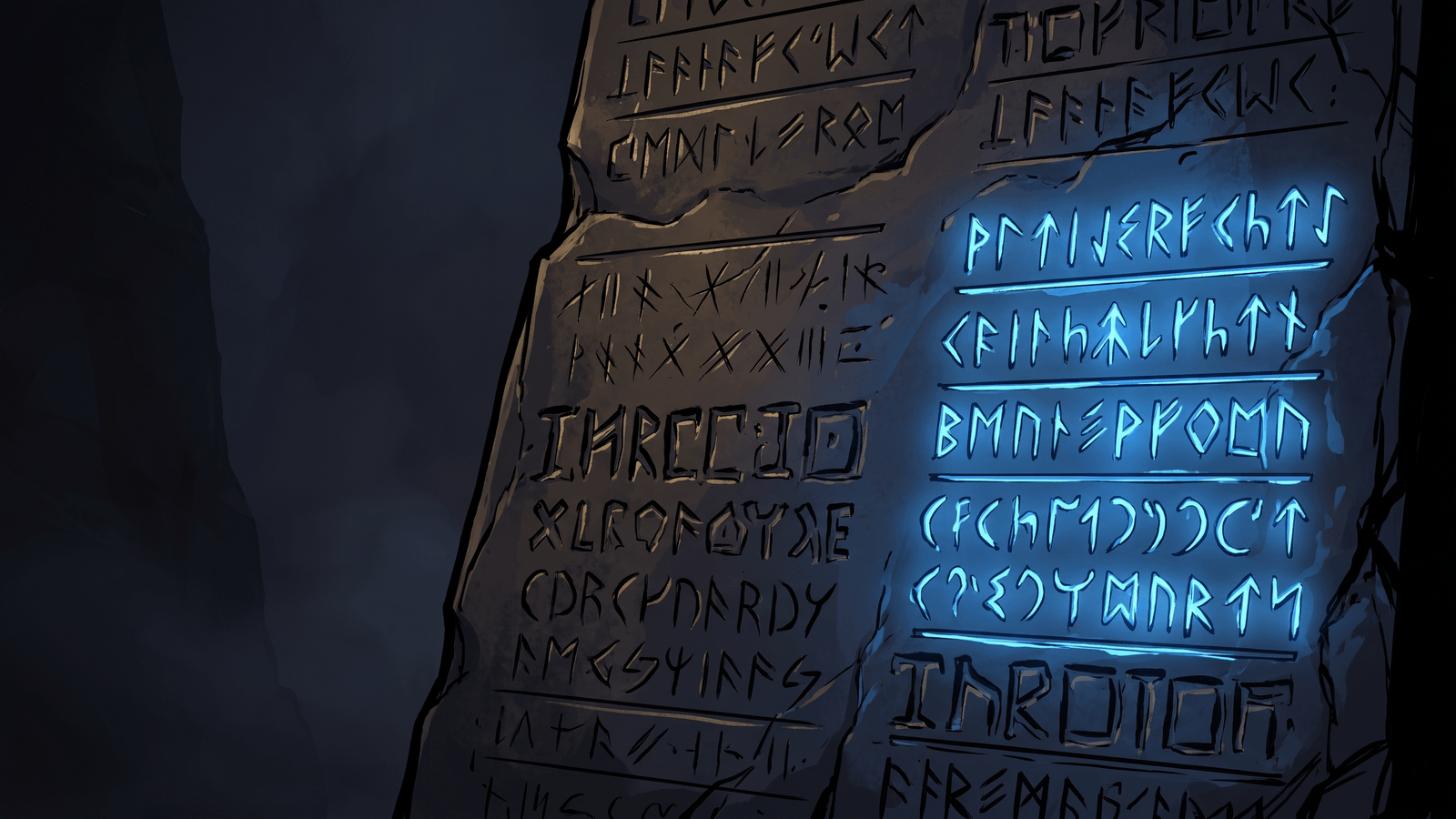 A grid of white glyphs on black, nine rows of ten letters, each row drawn in a different carving style from chiselled bars to thin claw scratches