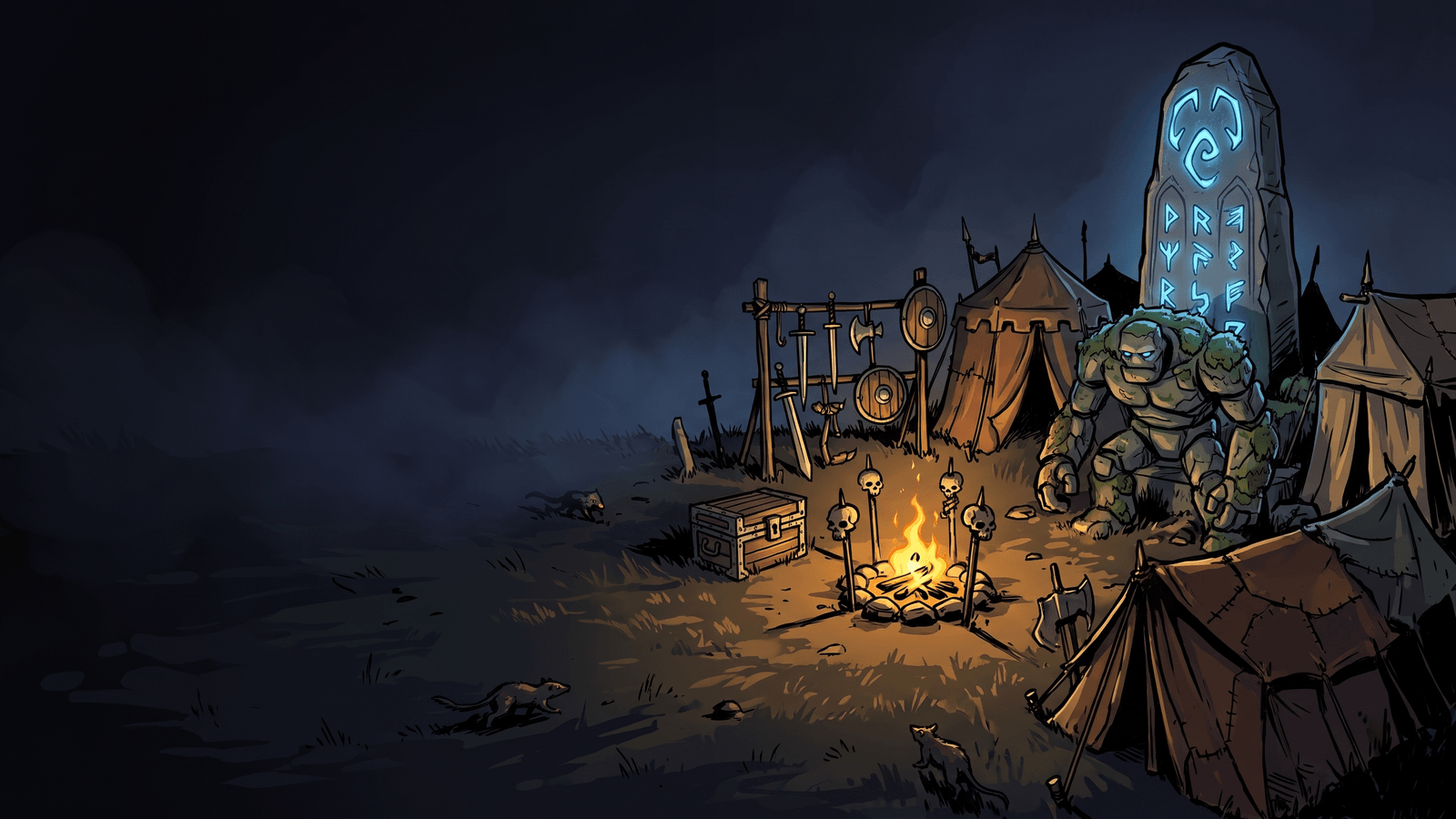 A hero and a small escort attacking an ogre camp beside a glowing blue pool