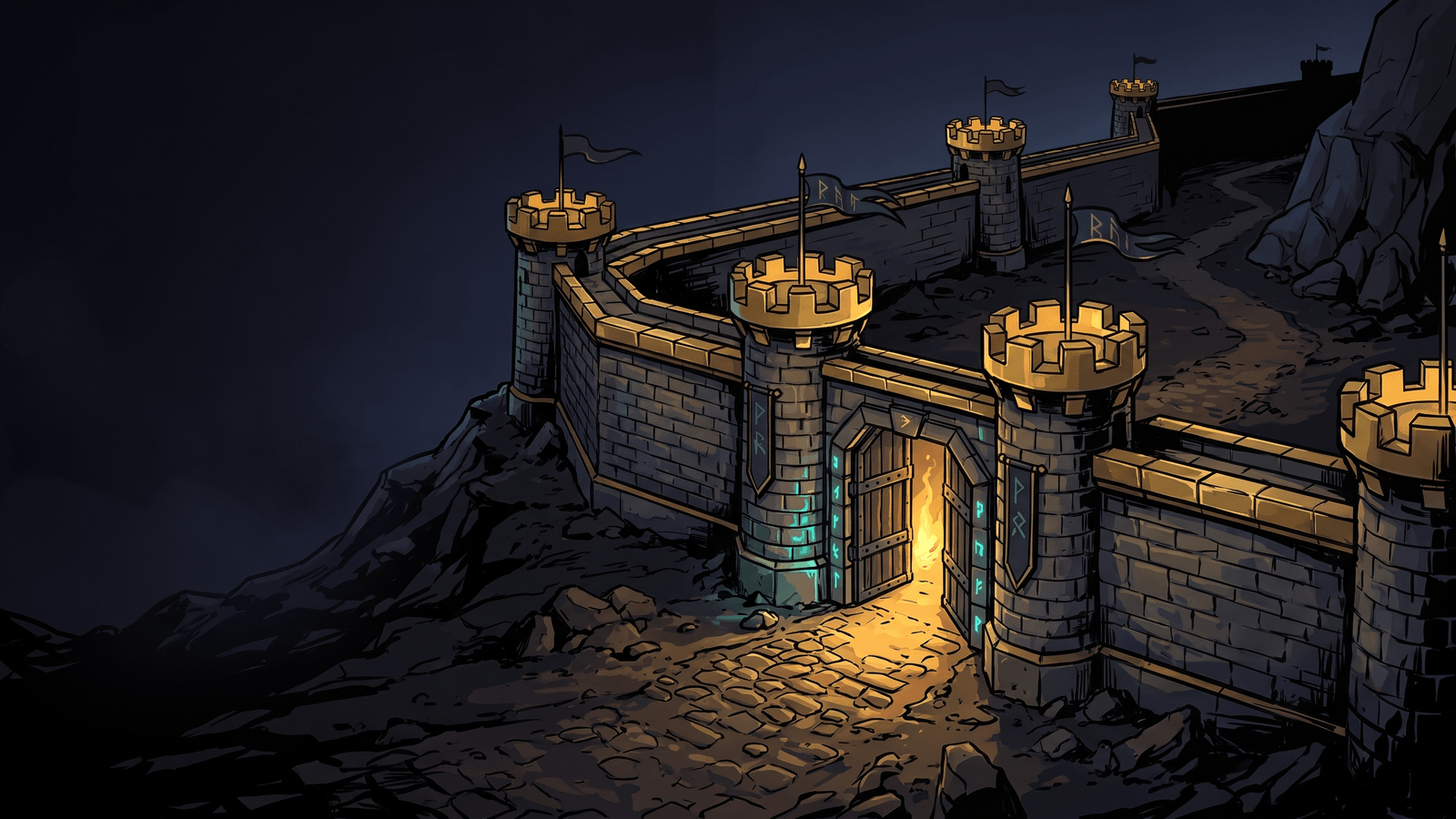 A dwarven stone wall with gold-crenellated round towers and rune banners winding over a rocky hillside at night, its rune-carved gate standing ajar with firelight spilling onto the cobbles