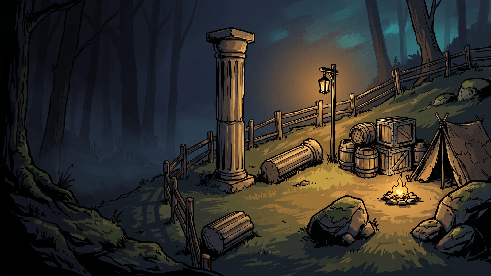 A ruined stone column still standing on a forest hillside at dusk, with fallen column drums in the grass, a split-rail fence climbing the slope, a lantern post, stacked barrels and crates, and a hide tent beside a cook fire among boulders