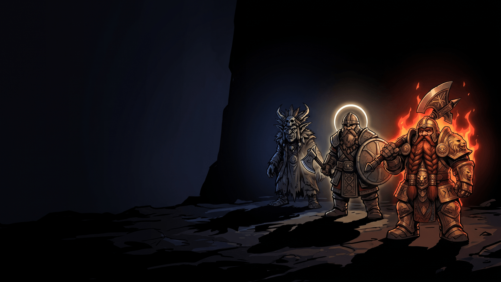 Third-person view over a possessed dwarf hero mid-fight, action bar lit along the bottom of the screen