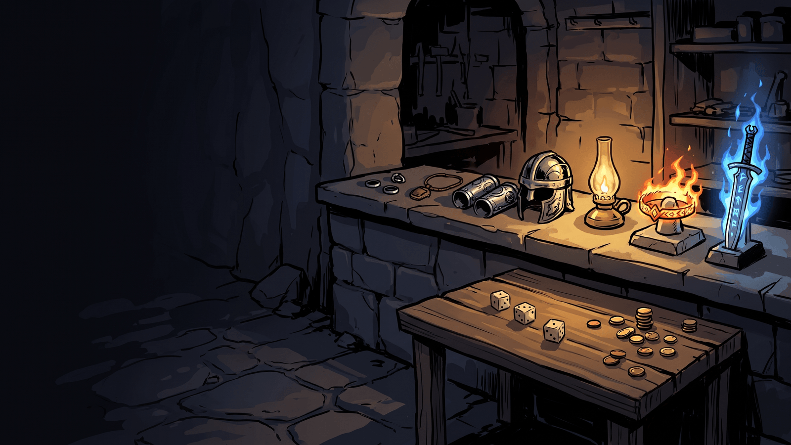 A goblin gambling den beside the Troll-Vault shop, eight lit gear slot panels on its front