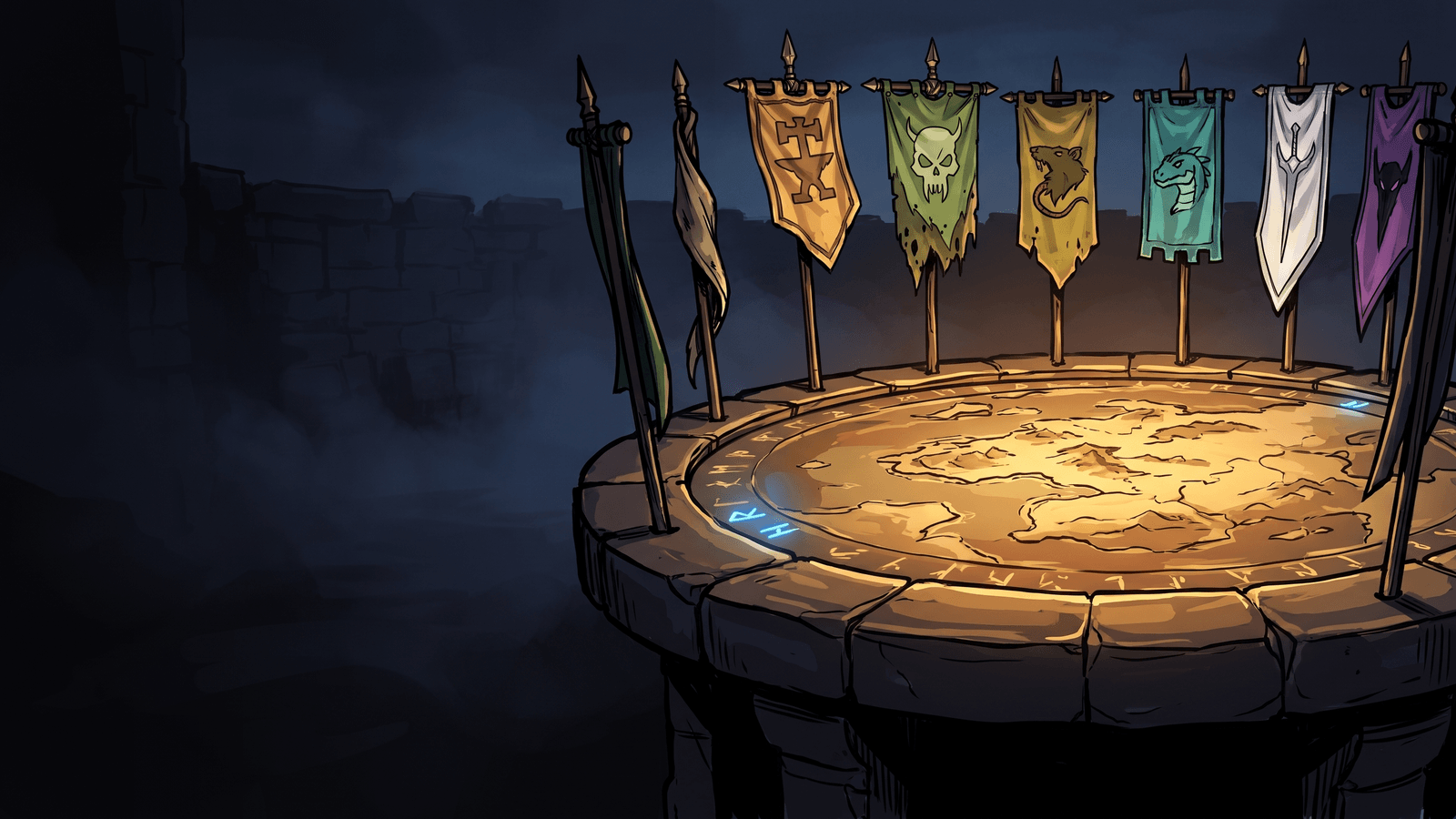 A lobby slot list with eight seats filled, faction crests and team groupings visible