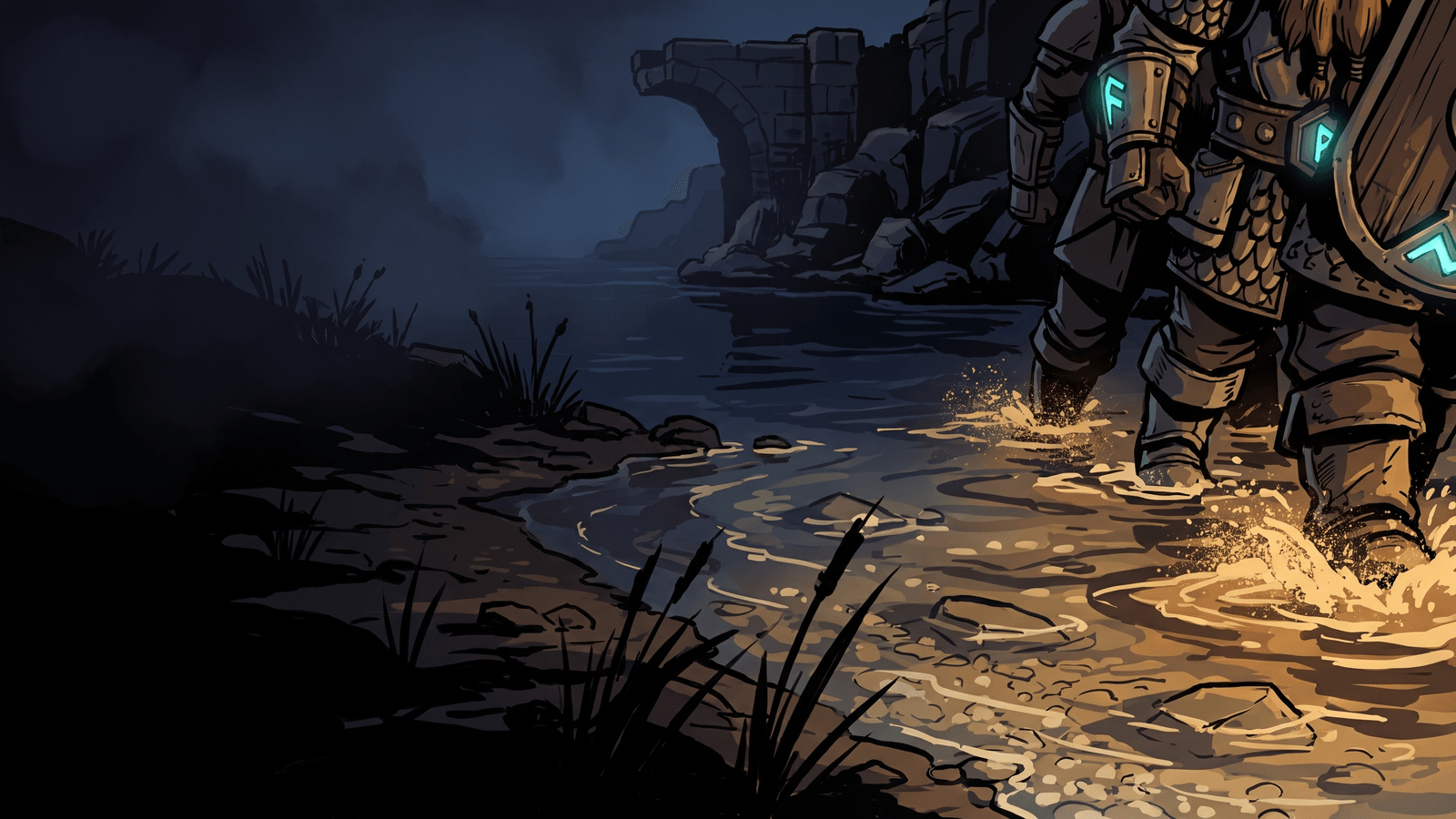 A river crossing seen from a low camera: infantry wading through a pale translucent ford with the carved riverbed visible under them, deep blue water either side