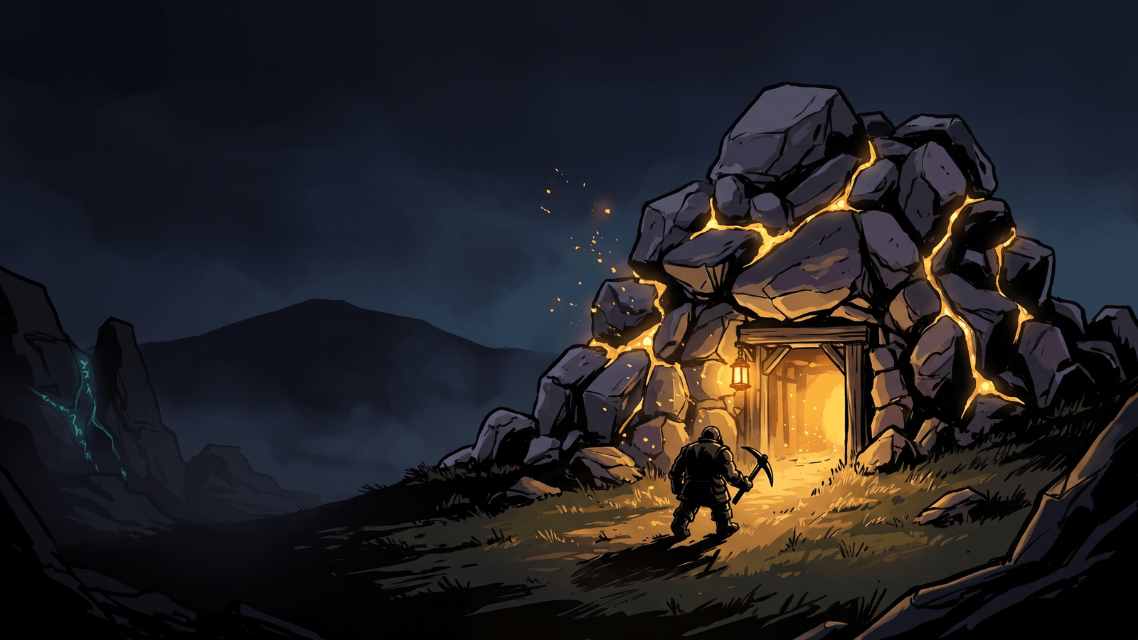 A mound of dark boulders at night with glowing gold veins running through it, warm light and drifting gold dust pouring from its timber doorway, and a dwarf with a pickaxe walking toward the entrance