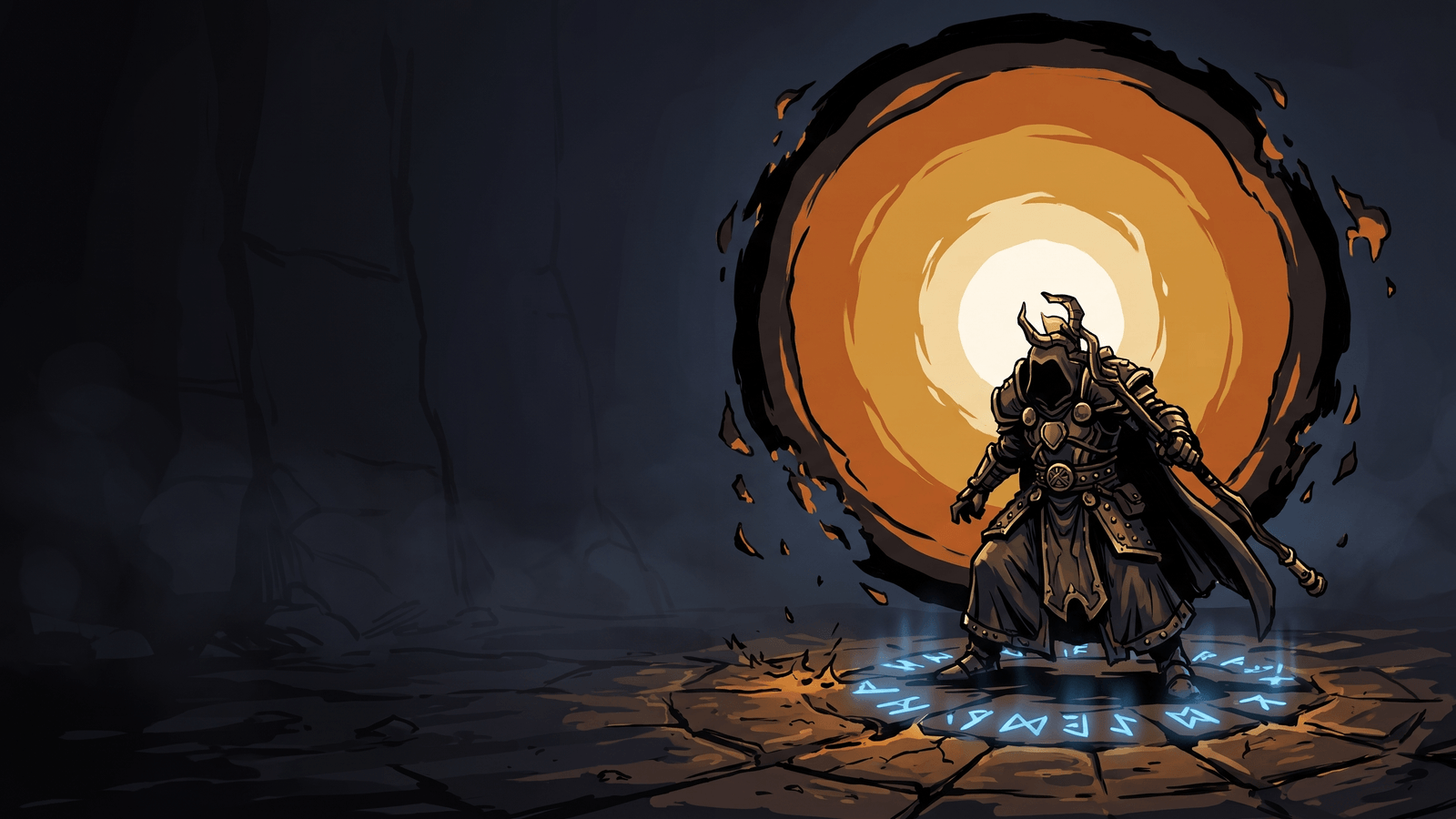 A caster mid-spell with a banded lightning bolt arcing to a target, ember particles scattered across a burning ground rune