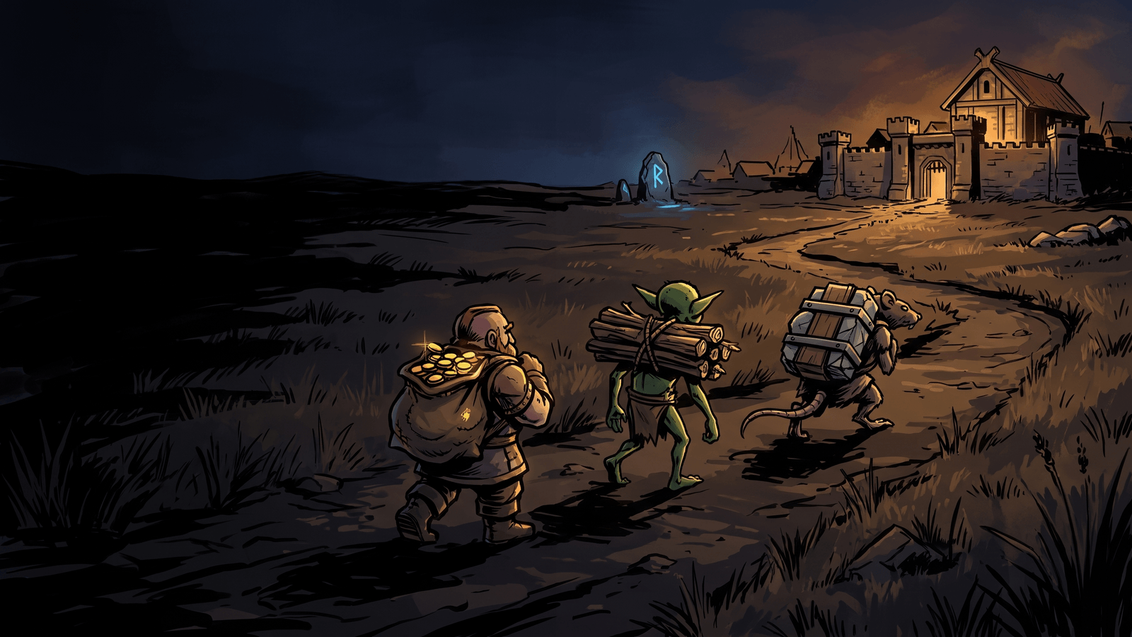 A dwarf with a sack of gold coins, a goblin with a bundle of logs and a ratman with a banded pack of stone walking along a dirt track at night toward a lit, walled stone hall