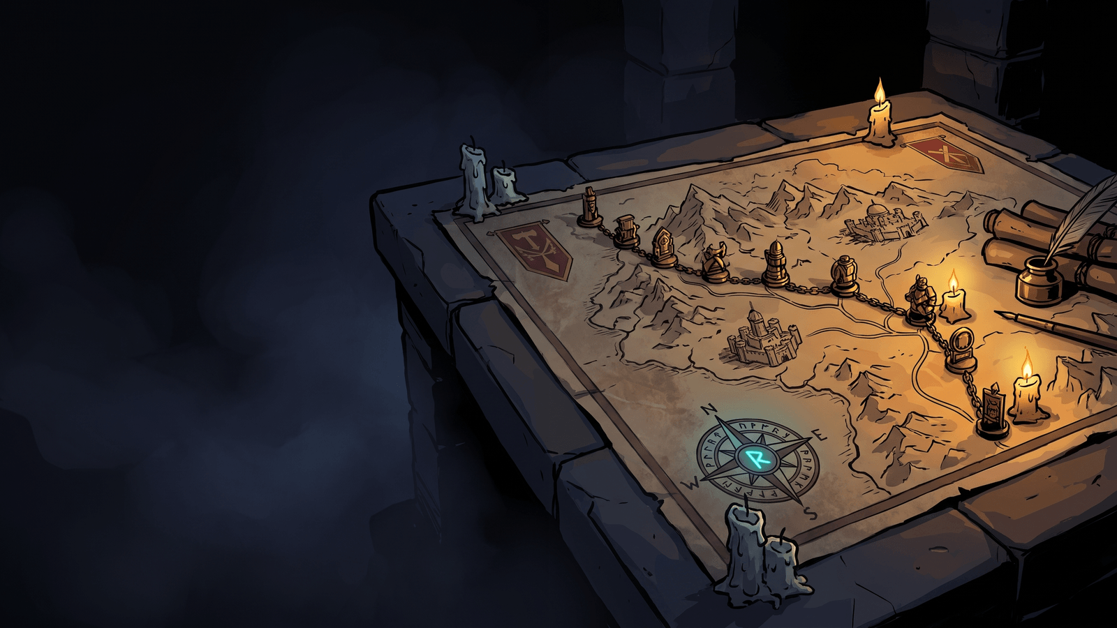 A campaign briefing screen with a hero portrait, mission objectives and a mountain map behind it